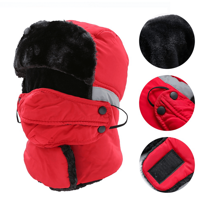 Red winter windproof ski cap with earflaps and closed neck for unisex, featuring black fur lining and adjustable closures.